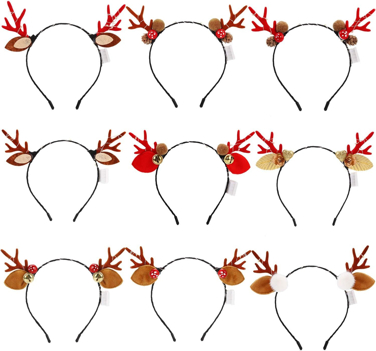 COSYOO LED Christmas Antler Headbands 9PCS Cute Light Up Reindeer Hairbands Hairhoop with Elf Ears Pine Cone Jingle Bells Halloween Christmas Party Decorations Hair Accessories for Girls Adults