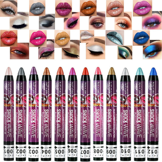 Corleone 12 Colors Shimmer Glitter Eyeshadow Pen Lip Pen, 2-in-1 Lying Silkworm Highlighter Eye Shadow Pen Waterproof Long Lasting Eye Shadow Set Gift Shiny Pen Eyeliner Kit (A)