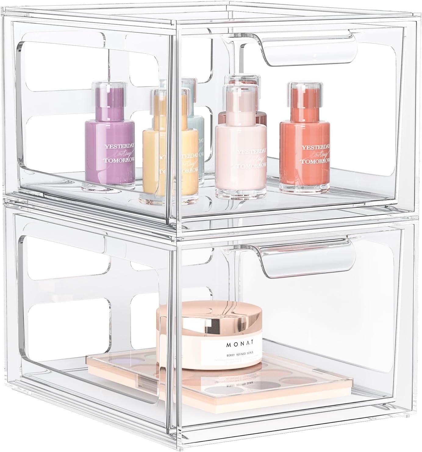 StorMiracle 2 Pack Clear Makeup Organizer and Acrylic Organizers_Plastic Storage Bins with Handles for Vanity, Kitchen Cabinets, Pantry Organization and Storage