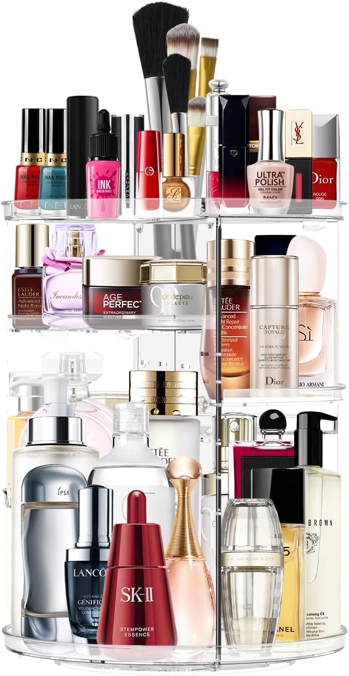 Makeup Organizer 360 Rotating Cosmetic Organizer DIY Adjustable Makeup Carousel Spinning Holder Rack, Large Capacity Cosmetic Storage Box Makeup Brushes Organizer for Vanity Countertop (Clear)