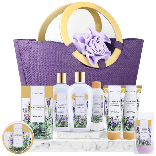 Spa Luxetique Gift Baskets for Women, Spa Gifts for Women-10pcs Lavender Gift Sets with Body Lotion, Bubble Bath, Relaxing Bath Sets for Women Gift, Birthday Gifts for Women, Valentines Day Mom Gifts