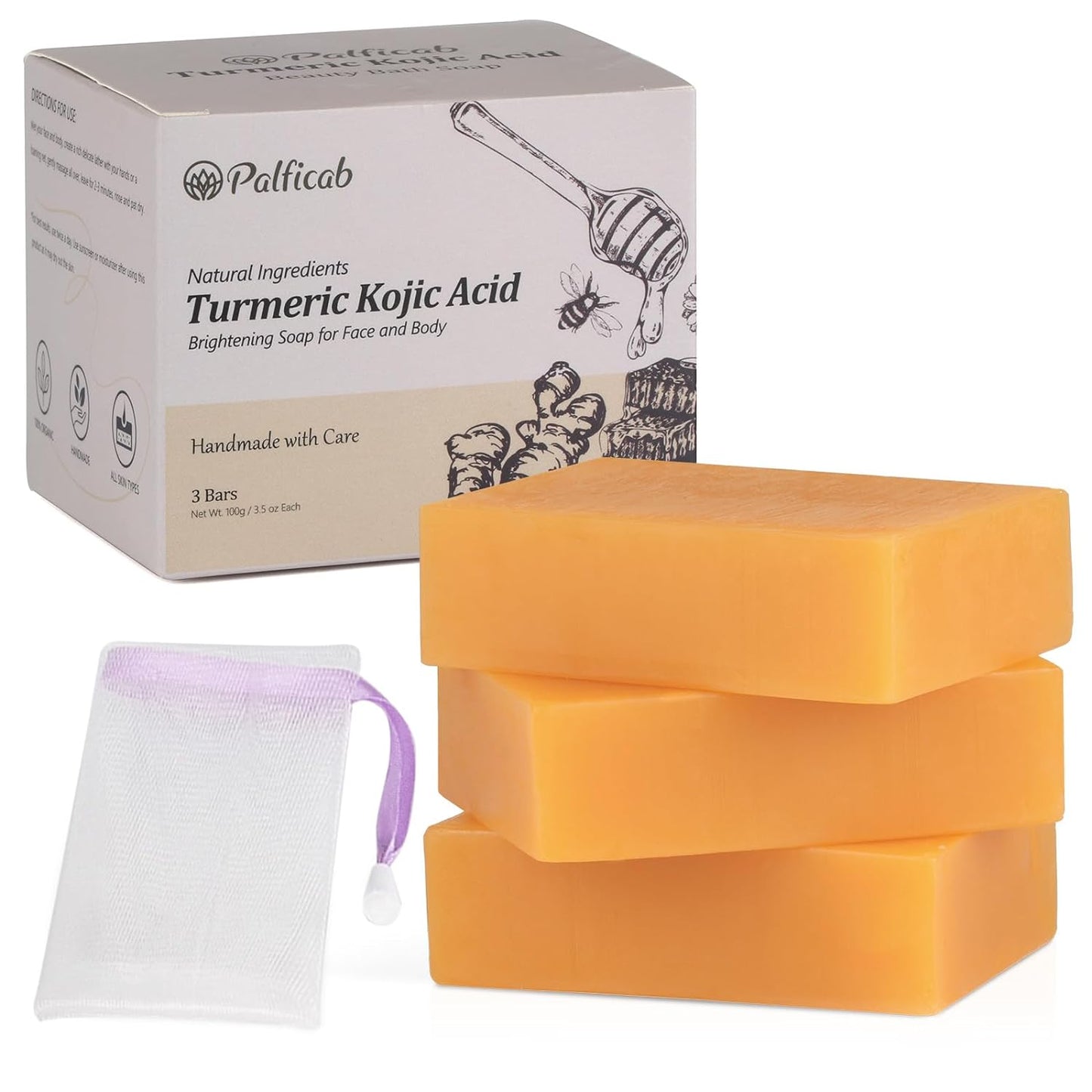 PALFICAB Kojic Acid Soap Skin Lightening for hyperpigmentation & Dark Spots, Tumeric Honey Soap with Tea Tree Oil, Shea Butter, Coconut Oil, Vitamin C - Skin Brightening Soap for Face & Body, 3 Bars