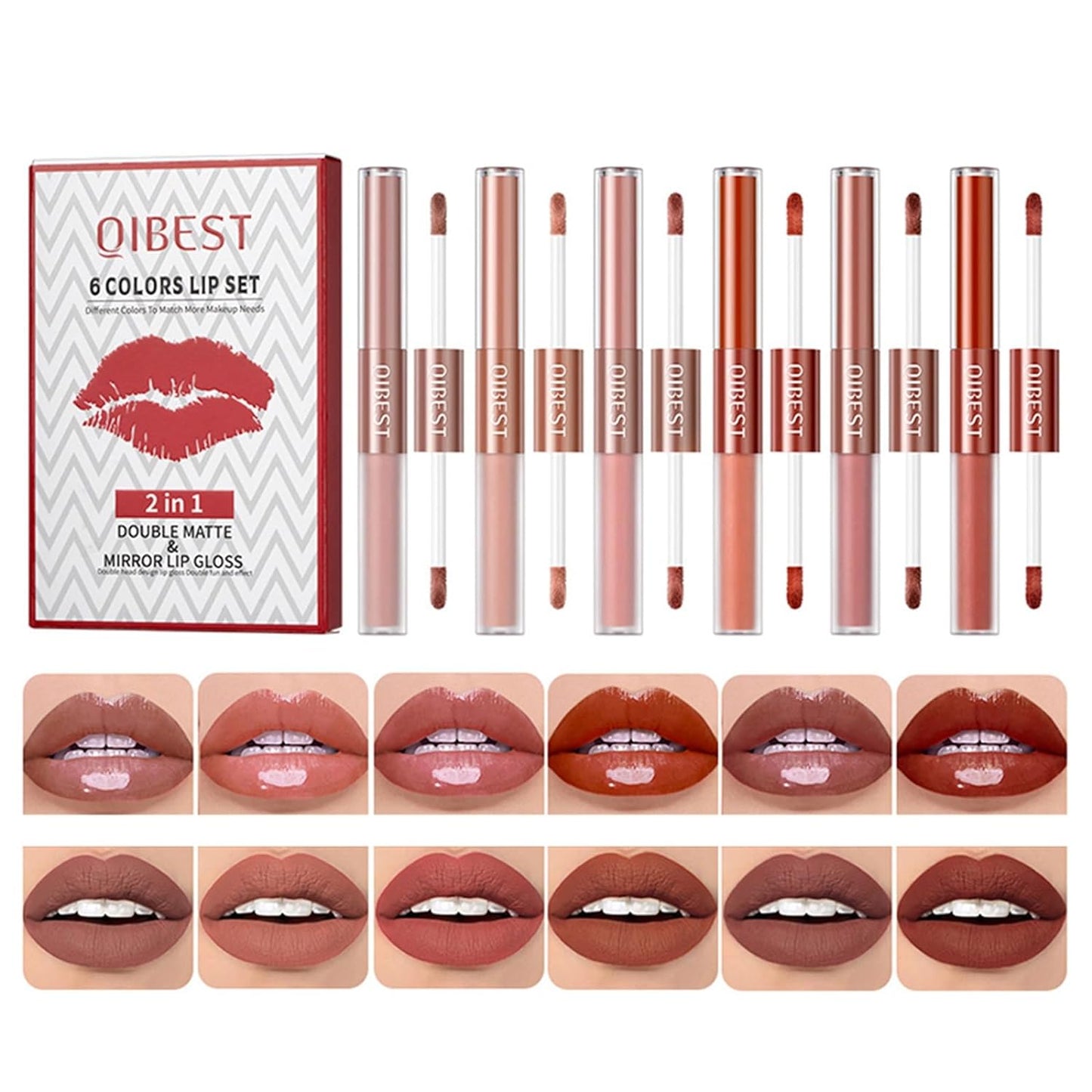 Thaisu 2 in 1 Double-end Lip Gloss Set, 12 PCS Matte Velvet Liquid Lip Glosses Set with Rich Varied Colors, Long Lasting Waterproof Glossy Lip Stain for Girls, Women Makeup (Red 1)
