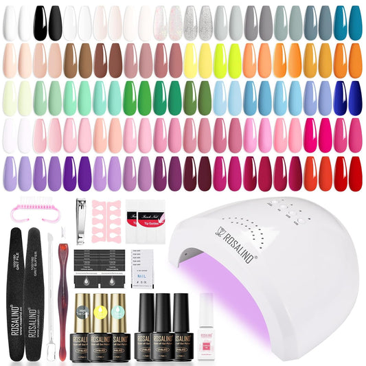 Rosalind 77PCS Gel Nail Polish Kit with U V Light, 60 Classic Gel Nails kit Base and Matte Glossy Gel Top Coat Starter Kit Manicure Accessory Tools at Home