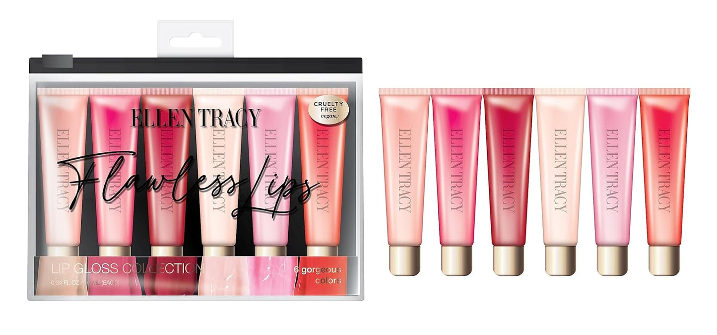 ELLEN TRACY Flawless Lips 6 Piece Lip Gloss Collection - 6 Gorgeous Colors | 12ML Each | Vegan and Cruelty-Free Formula | Moisturizing and High-Shine Finish