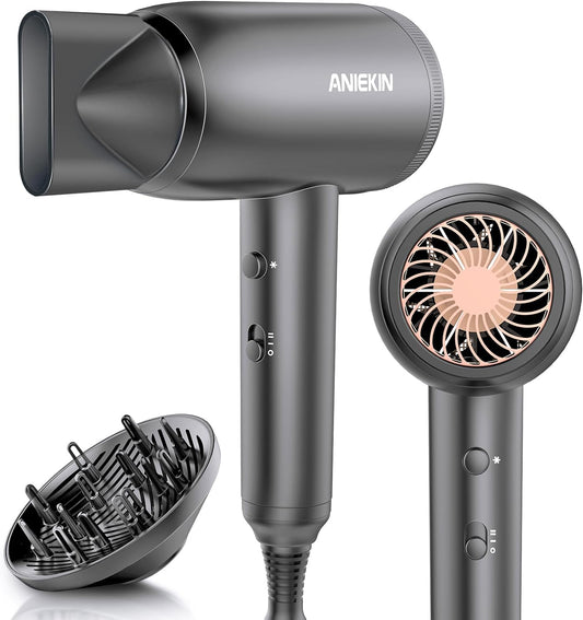 ANIEKIN Hair Blow Dryer, Professional Ionic Hair Dryer with Diffuser and Concentrator for Curly Hair, Lightweight Travel Hair Dryer for Women Fast Drying and Quiet-Gray