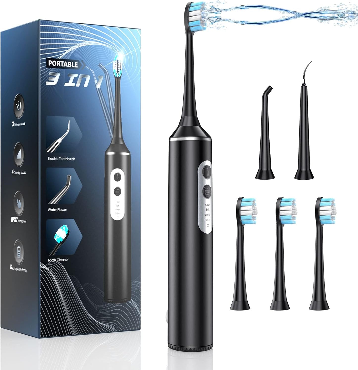 Water Dental Flosser with Electric Toothbrush, One Switch Between Tooth Brush & Water Floss, 3 in 1 Teeth Cleaning Kit with 4 Modes, Water Flosser Portable for Travel and Home (Black)