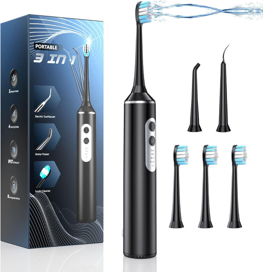 Water Dental Flosser with Electric Toothbrush, One Switch Between Tooth Brush & Water Floss, 3 in 1 Teeth Cleaning Kit with 4 Modes, Water Flosser Portable for Travel and Home (Black)