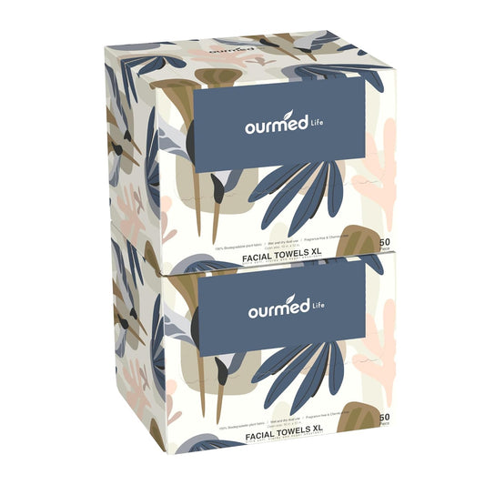 Ourmed Life Disposable Face Towel | 100 Count Lint-Free Biodegradable Clean Towels | Dry Makeup Remover Wipes | Super Soft & Thick for Sensitive Skin | 10-Inch X 12-Inch Extra Large Size | Pack of 2