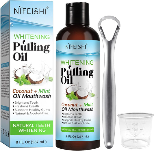 Coconut Pulling Oil (8 Fl.Oz), Mint Oil Pulling Mouthwash with Tongue Scraper, Natural Alcohol Free Mouthwash Teeth Whitening & Gum Health, Fresh Breath, Coconut Oil Pulling for Healthier