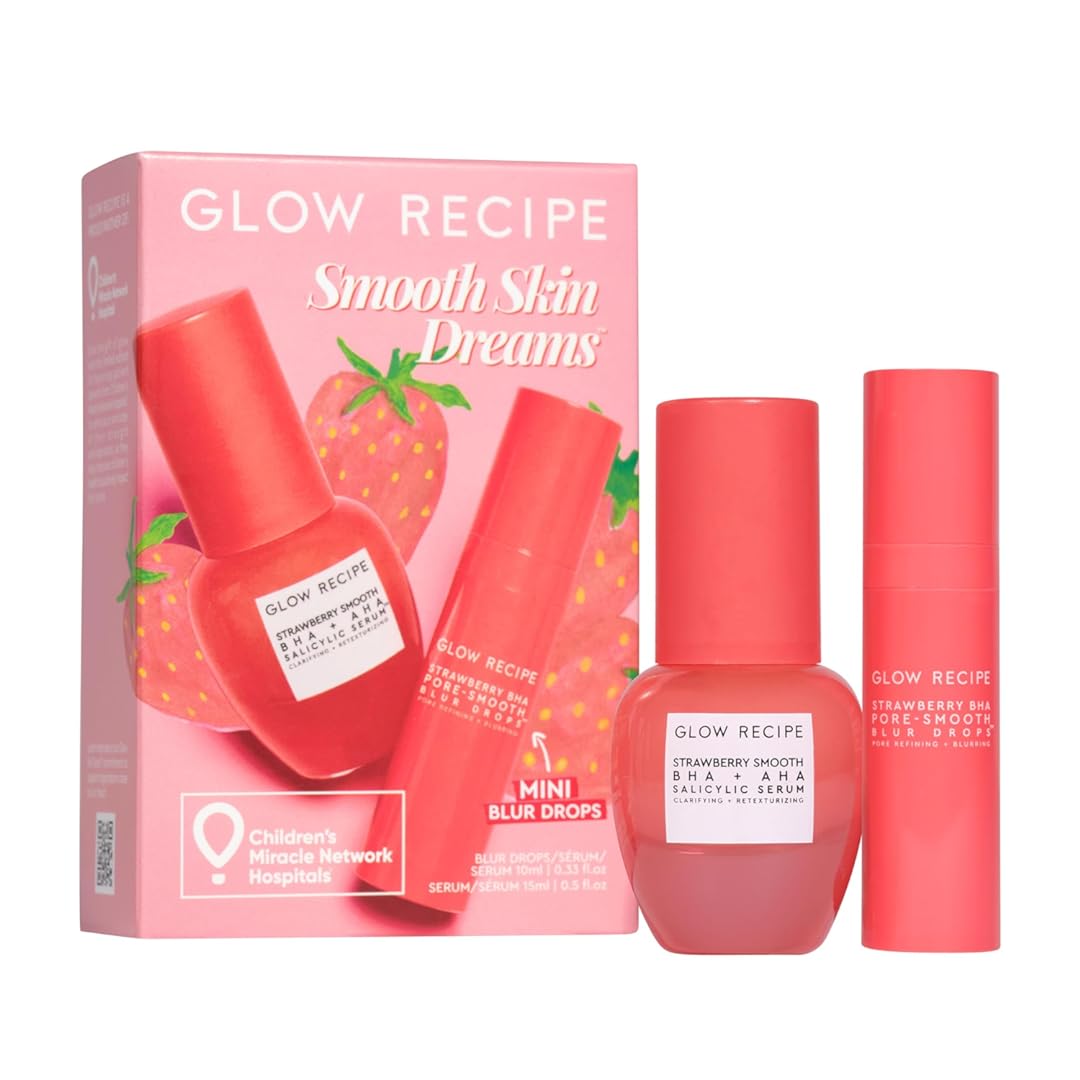Glow Recipe Smooth Skin Dreams Holiday Kit - BHA Pore-Smooth Blur Drops (10ml) + AHA+BHA Salicylic Acid Serum (15ml) - Silicone-Free Blurring Primer & Daily Soothing Serum - Oily Skin Treatment (2-Pc)