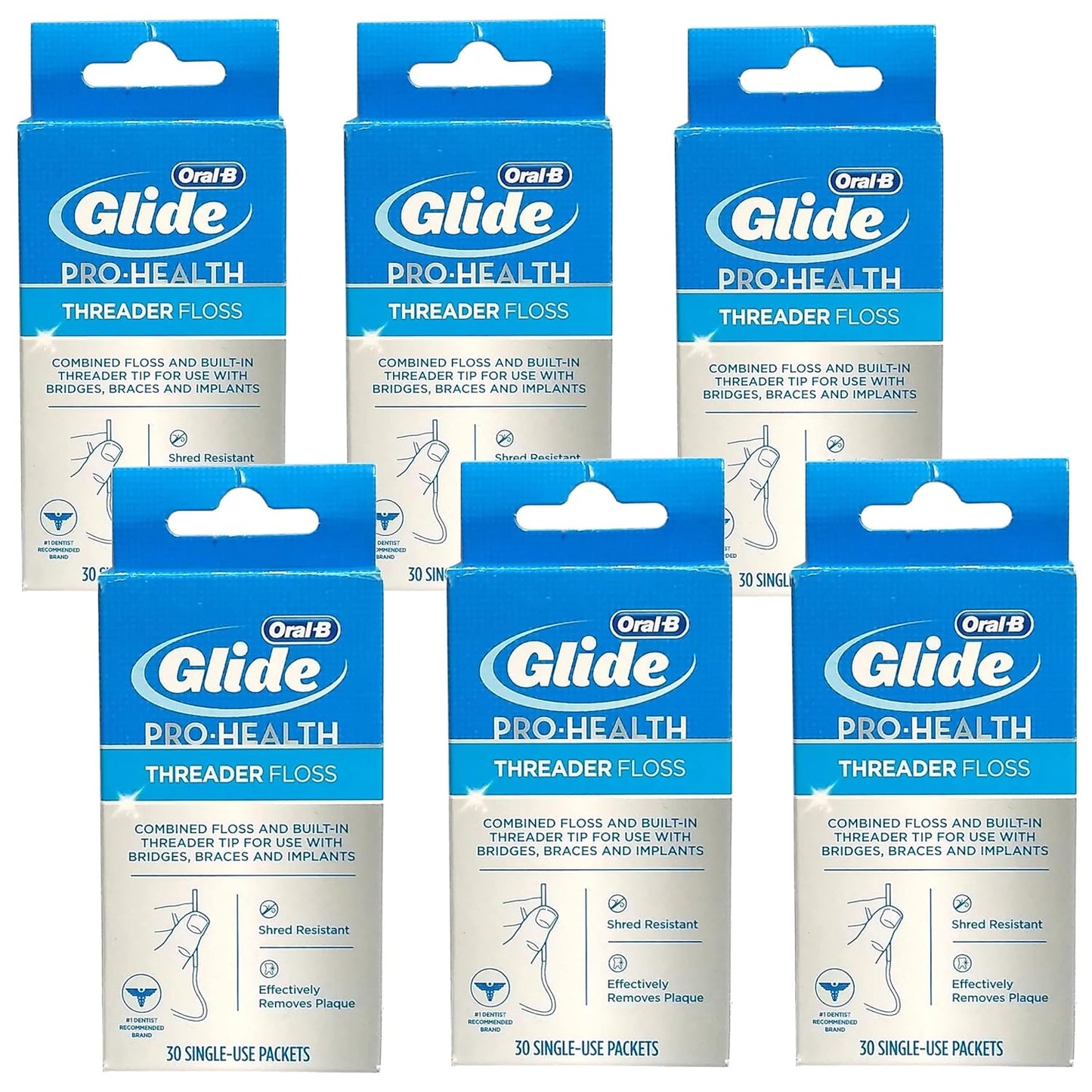 Glide Threader Floss, 30-Count Boxes of Single-Use Packets (Pack of 6)