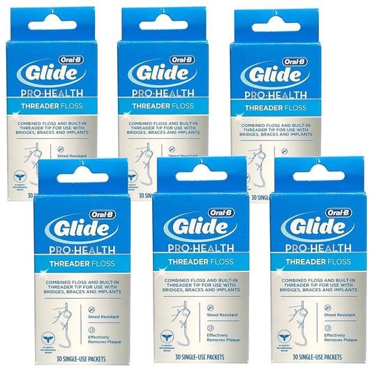Glide Threader Floss, 30-Count Boxes of Single-Use Packets (Pack of 6)
