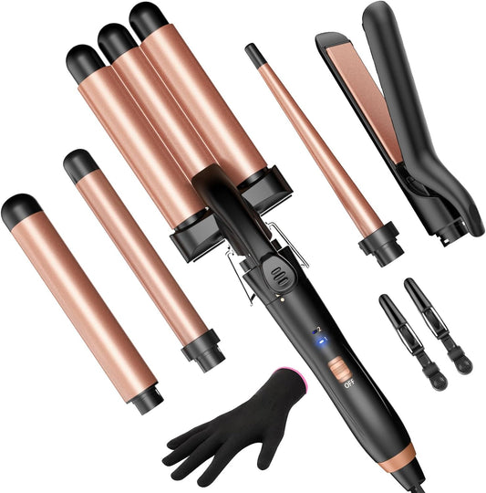 5-in-1 Curling Iron Set with 3 Barrels, Flat Iron, and Crimper - Ceramic, Fast Heat, 2 Temps, Glove & Clip