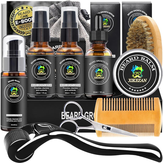 XIKEZAN Beard Kit,Beard Grooming Care Kit w/Beard Wash,2 Pack Beard Serum,Beard Oil,Balm,Comb,Brush,Scissor,Bag,E-Book,Mens Stocking Stuffers for Men Dad,Valentines Day Gifts for Him Boyfriend Husband