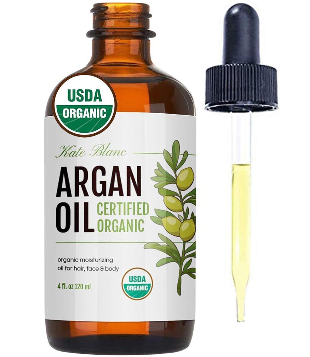 Kate Blanc Cosmetics Argan Oil for Hair and Skin (Light 4oz) 100% Pure Cold Pressed Organic Argan Hair Oil for Curly Frizzy Hair. Stimulate Growth for Dry Damaged Hair. Moroccan Skin Moisturizer