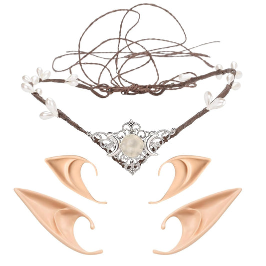 Merroyal Moon Rhinestones Headband Fairy Crown Woodland Circlet Ren Fair Headpiece with 2 Pairs Latex Elf Ear for Women Girls_Moon Sliver and White _