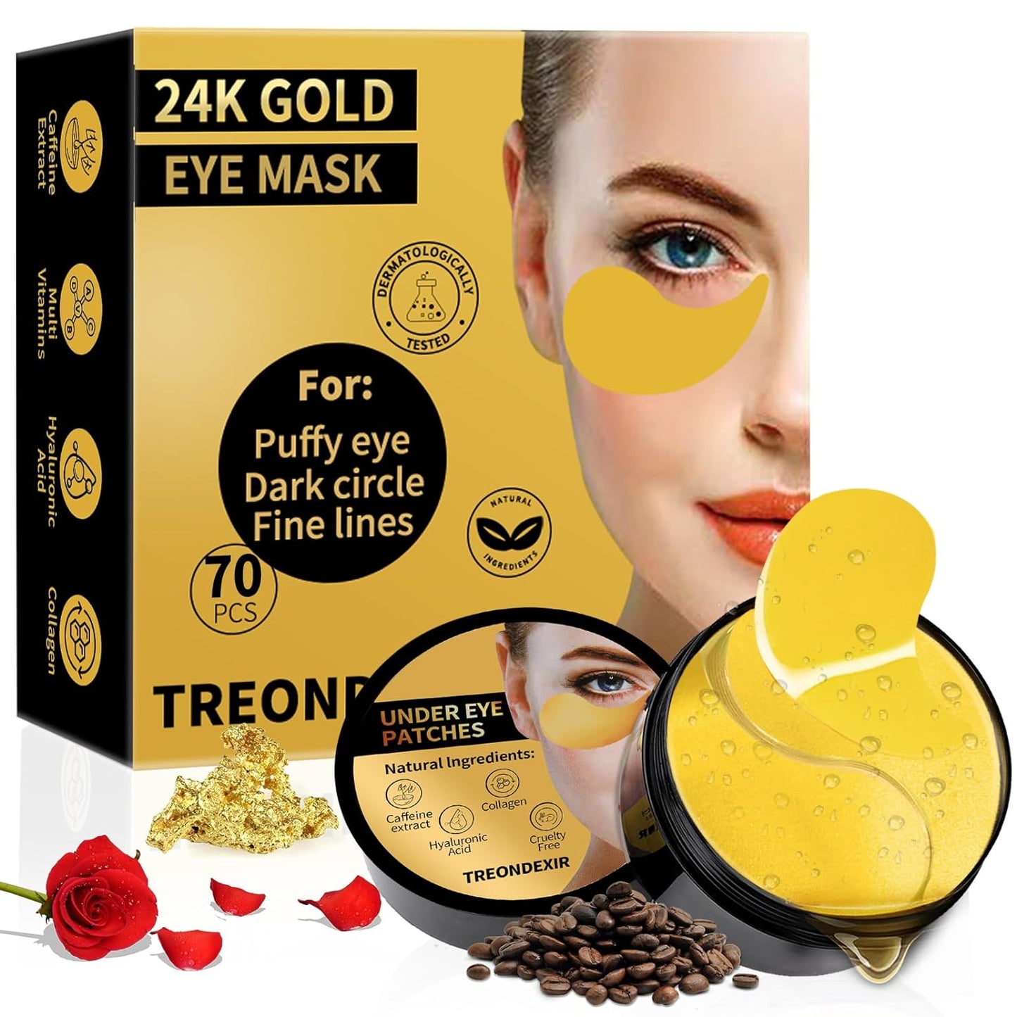 24K Gold Eye Masks for Dark Circles and Puffiness 70PCS, Under Eye Patches Gel Pads for Puffy Eyes Treatment w/Collagen, Caffeine, Peptides for Eye Bags Treatment, Gel Eye Mask Skincare