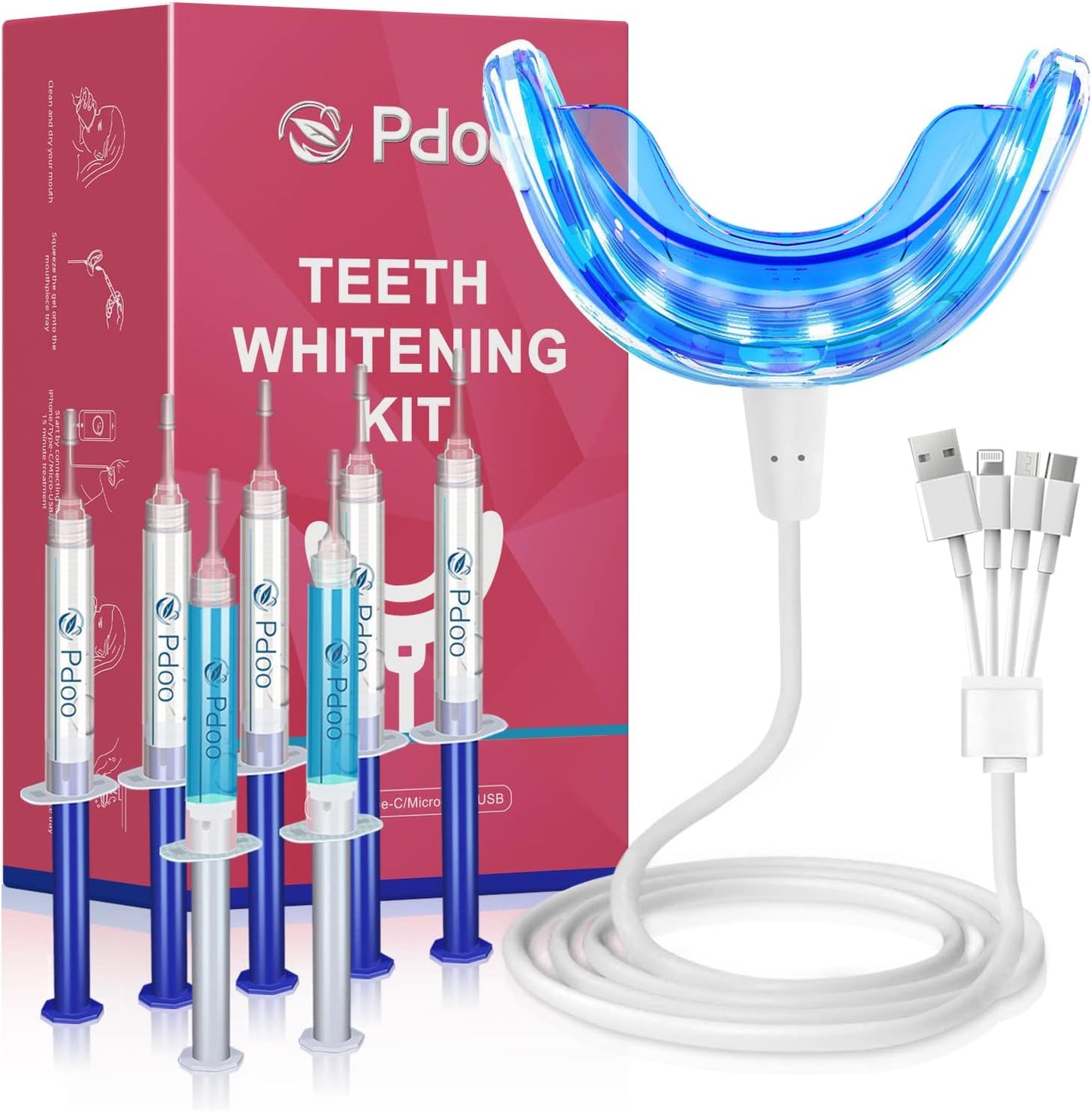 PDOO Teeth Whitening Kit with LED Light for Sensitive Teeth, Fast Results for Teeth Whitening at Home, Carbamide Peroxide Teeth Whitening Gel Helps Remove All Kinds of Stain