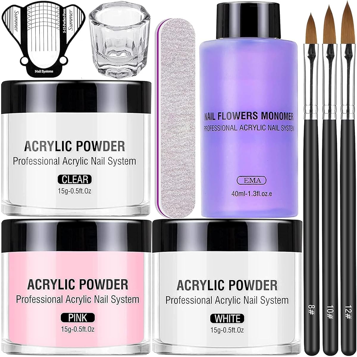 Acrylic Nail Kit Acrylic Powder and Liquid Set, Monomer Liquid Set with Nail Brush, Pink White Clear Nail Powder Kit for Acrylic Nails Extension Beginner Set