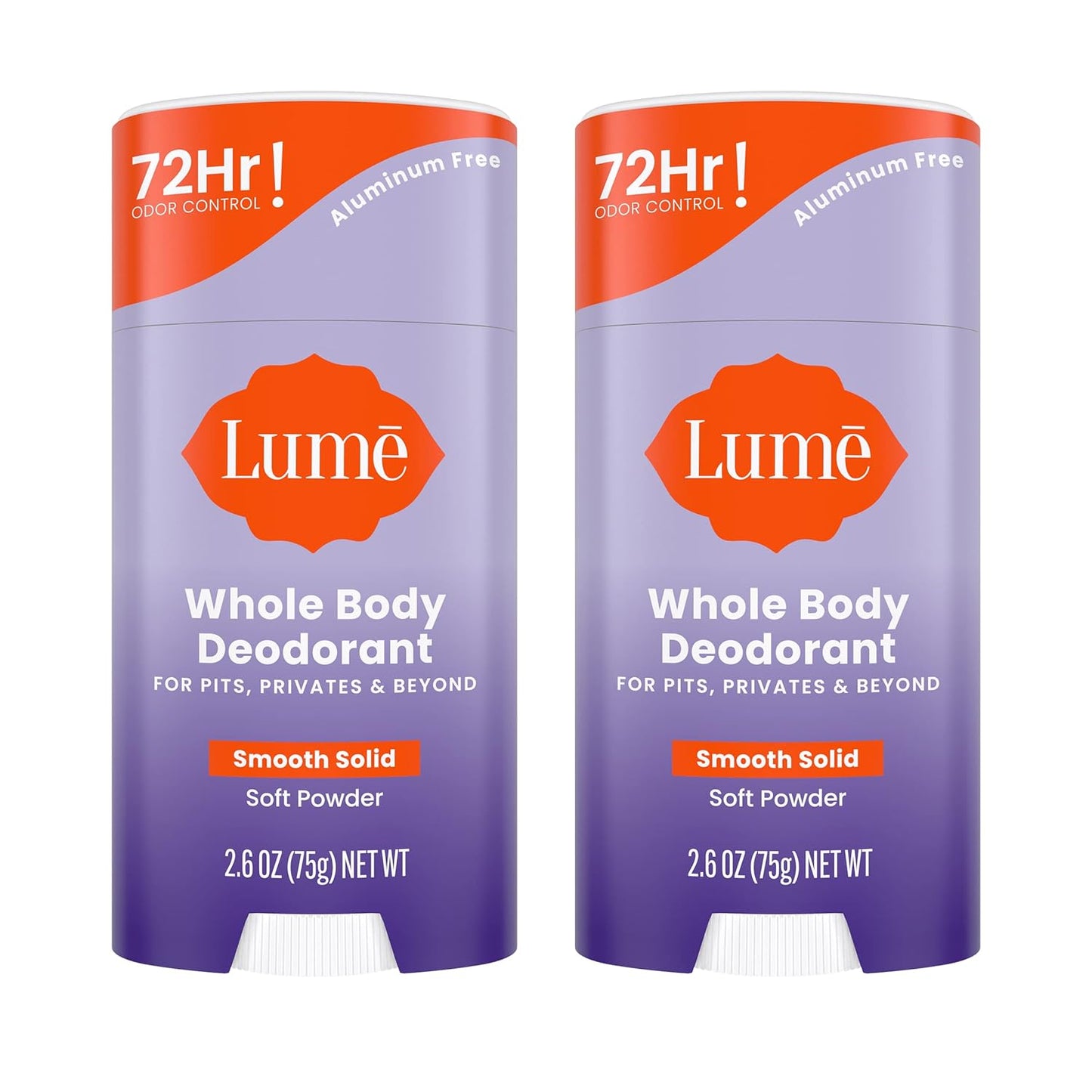 Lume Whole Body Deodorant - Smooth Solid Stick - 72 Hour Odor Control - Aluminum Free, Baking Soda Free and Skin Safe - 2.6 Ounce (Pack of 2) (Soft Powder)
