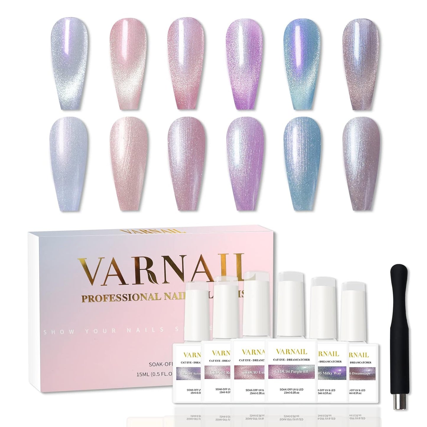 VARNAIL Dreamcatcher Cat Eye Gel Polish Set 6 Colors, 15ML Aurora Cat Eye Nail Gel Polish with Magnet, Soak off UV Light Gel Nail Polish Set, Salon Magnetic Gel Nail Polish