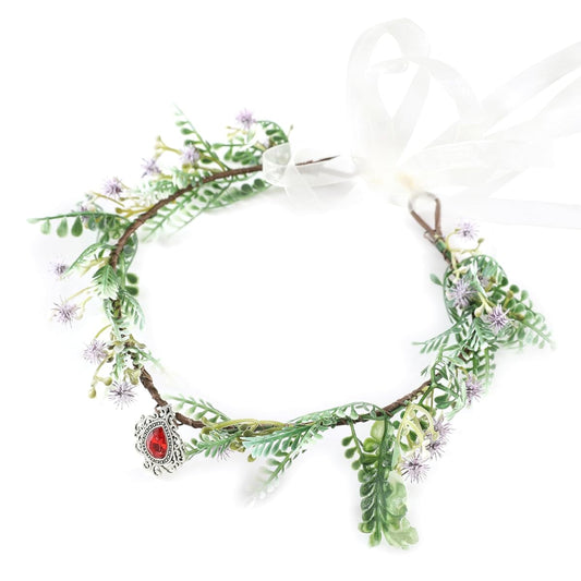 Gmmidea Fairy Flower Crown for Women Girls Elf Cosplay Floral Headpiece Crystal Bridal Wedding Flower Headband Renaissance Hair accessories(Purple Crown with Red Crystal)