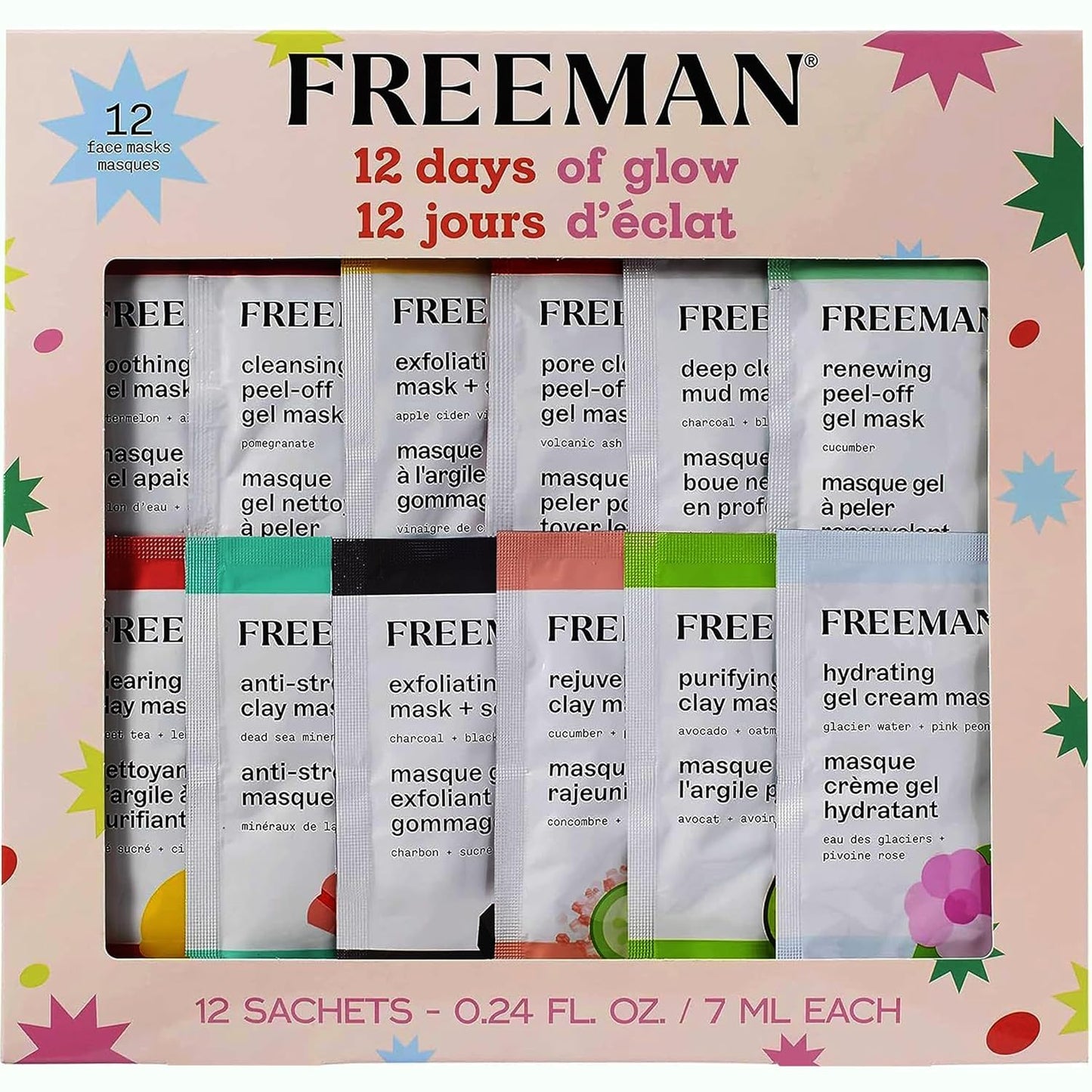 FREEMAN Face Mask Gift Set, Valentine's Day Gift, Limited Edition 12 Days of Glow Facial Mask Kit, Beauty Skincare Facial Treatment Face Masks, Trial Size 12 Piece Set for Wife, Girlfriend, Daughter