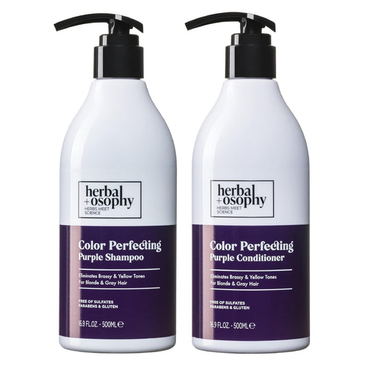 Herbalosophy Purple Shampoo & Conditioner Set, Toning Shampoo Conditioner for Blonde Gray Hair, Eliminates Brassy and Yellow Tones, Infused with Cocos Nucifera Oil, Free of Sulfate, Parabens and Gluten, 2 x 16.9 Fl Oz