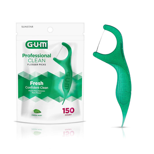 GUM Professional Clean Floss Picks - Extra Strong Shred-Resistant Floss, Easy Grip Handle - Dental Flossers for Adults - Fresh Mint Flavor, 150ct (4pk)