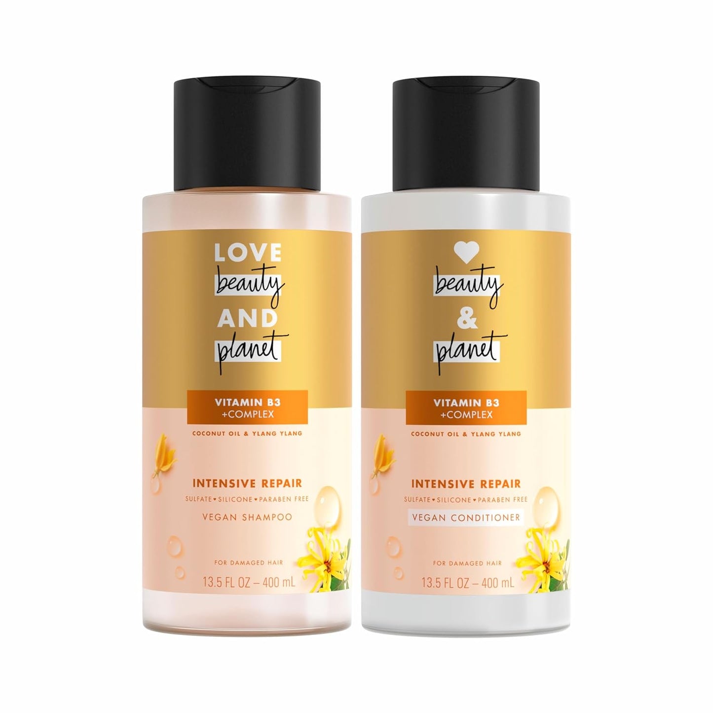 Love Beauty and Planet Hope and Repair Shampoo and Conditioner Coconut Oil & Ylang Ylang 2 Count Dry Hair and Damaged Hair Care Paraben Free, Silicone Free, and Vegan 13.5 oz