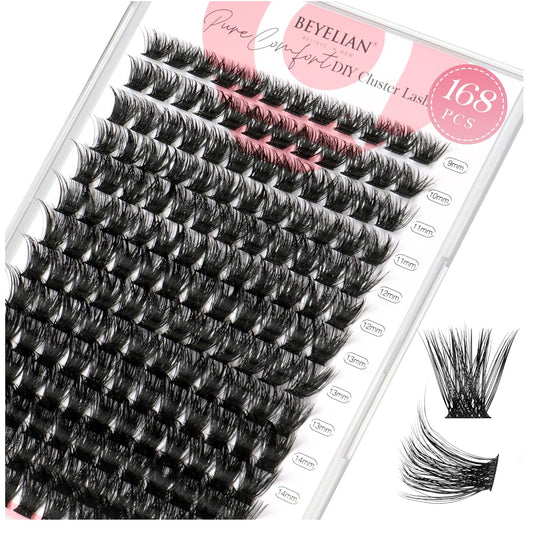 BEYELIAN Lashes Clusters D Curl 168pcs 9-16mm Cluster Lashes Dense Look DIY Eyelash Extensions Super Thin Band & Soft Lashes Reusable Mixed Tray Volume False Lashes (56D)
