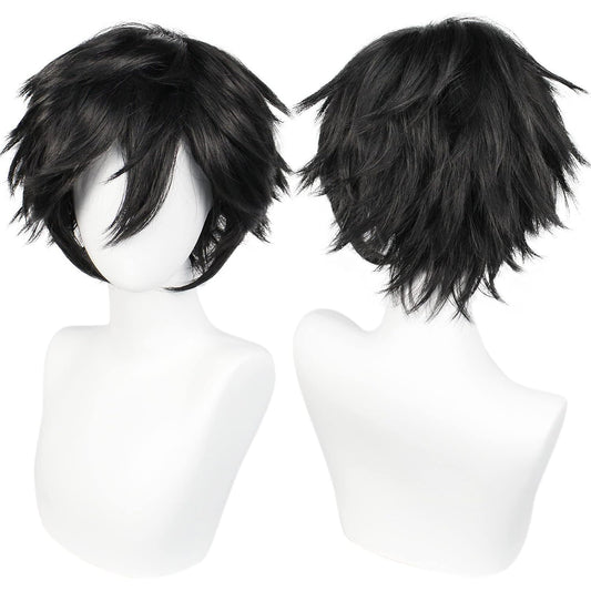 Gairyan Short Black Wig Cosplay Wig Unisex Anime Costume Straight Fluffy Wig Synthetic Spiky Layered Short Hair With Bangs Heat Resistent Holiday Theme Party Fancy Dress Halloween Wig + Free Wig Cap