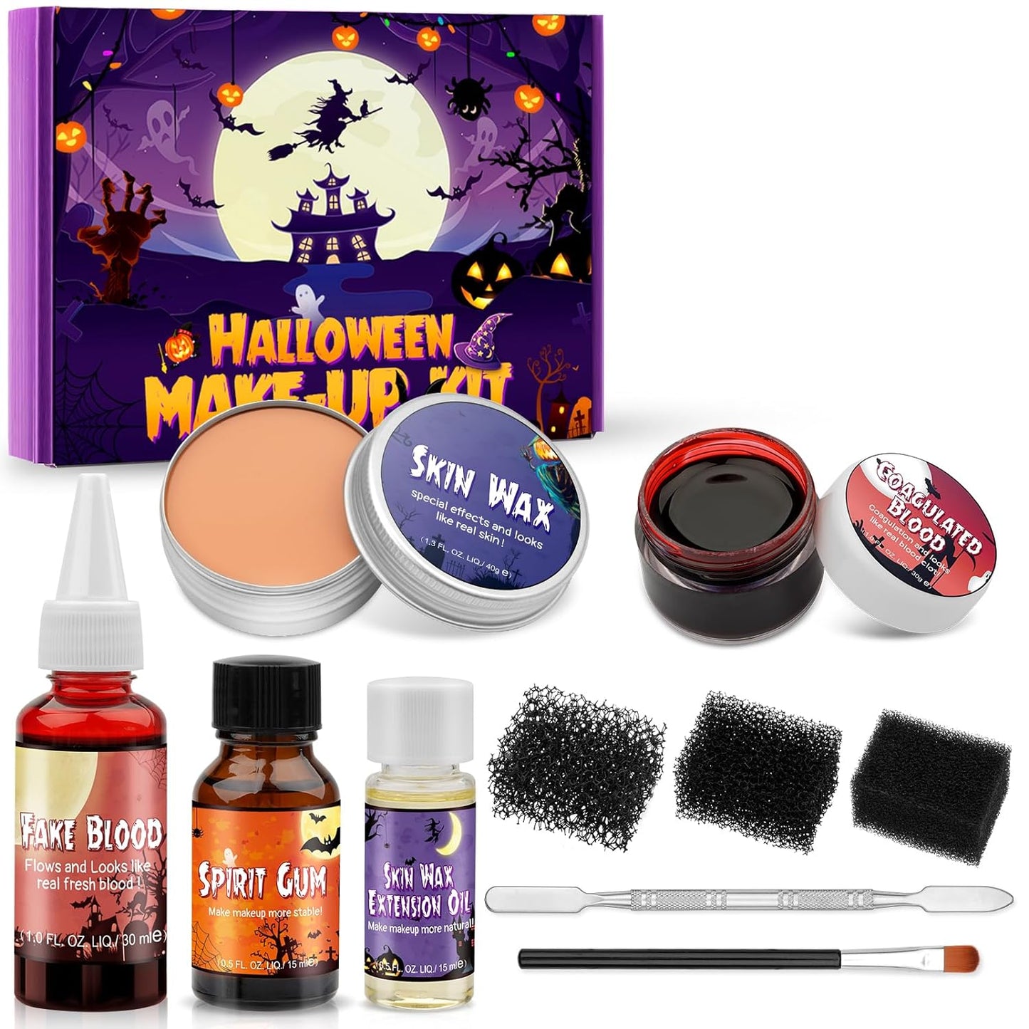 Halloween SFX Makeup Kit, Halloween Special Effects Wound Modeling, Skin Wax with Spatula, Fake Blood, Coagulated Blood Gel, Spirit Gum, Extension Oil, Stipple Sponge, Halloween Cosplay Zombie Makeup