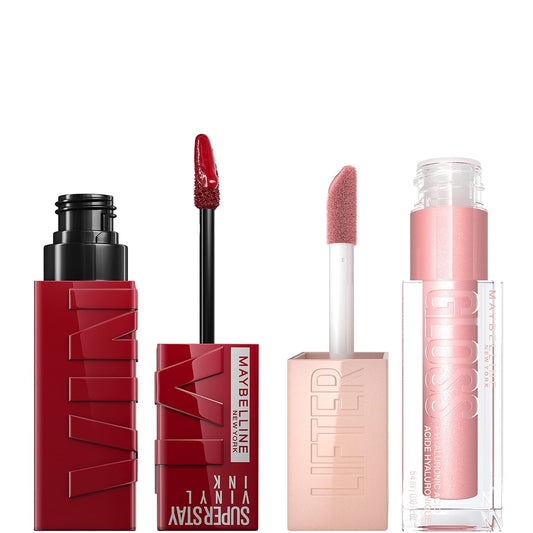 Maybelline Super Stay Vinyl Ink Liquid Lipstick + Lifter Gloss Makeup Bundle, Includes 1 Red Lipstick in Lippy and 1 Pink Lip Gloss in Opal