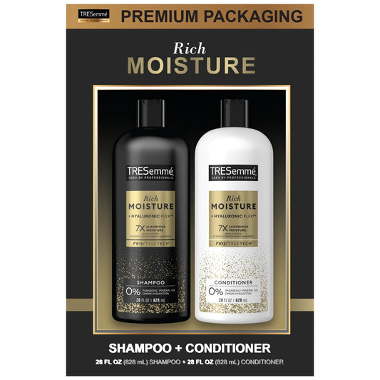 TRESemme Shampoo & Conditioner, Sulfate-Free, Family Size - Moisture Rich Hair Treatment for Dry, Damaged Hair, Hydrating Hyaluronic Acid, Vitamin C, and Biotin for Hair Repair, 28 Oz (2 Piece Set)