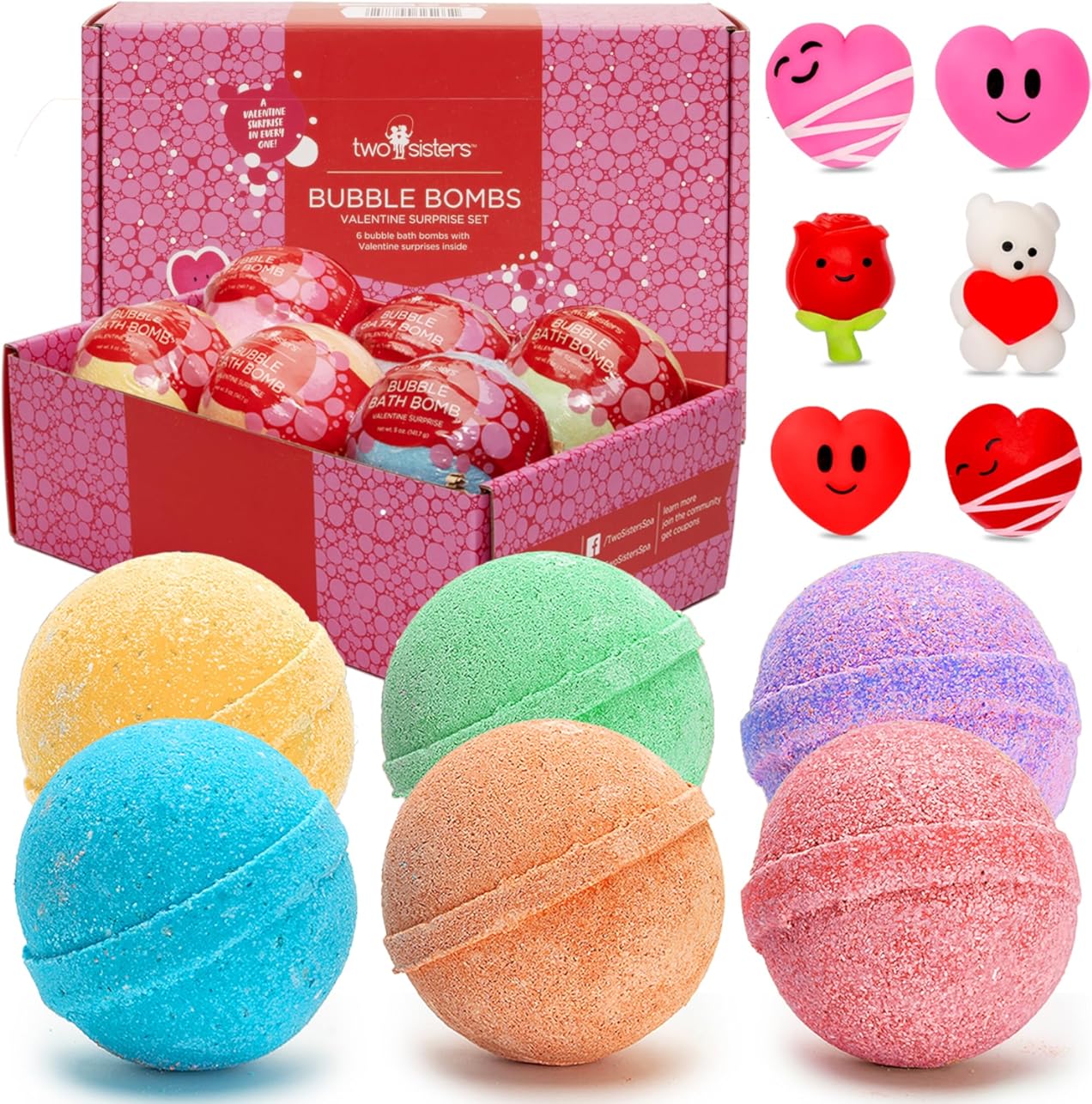 Valentines Bath Bombs for Kids with Surprise Toy Inside, Lovely Holiday Scents, USA Made, Kids Safe Ingredients, Won't Stain Tub, 6 Holiday Bath Bomb for Kids Bubble Bath by Two Sisters
