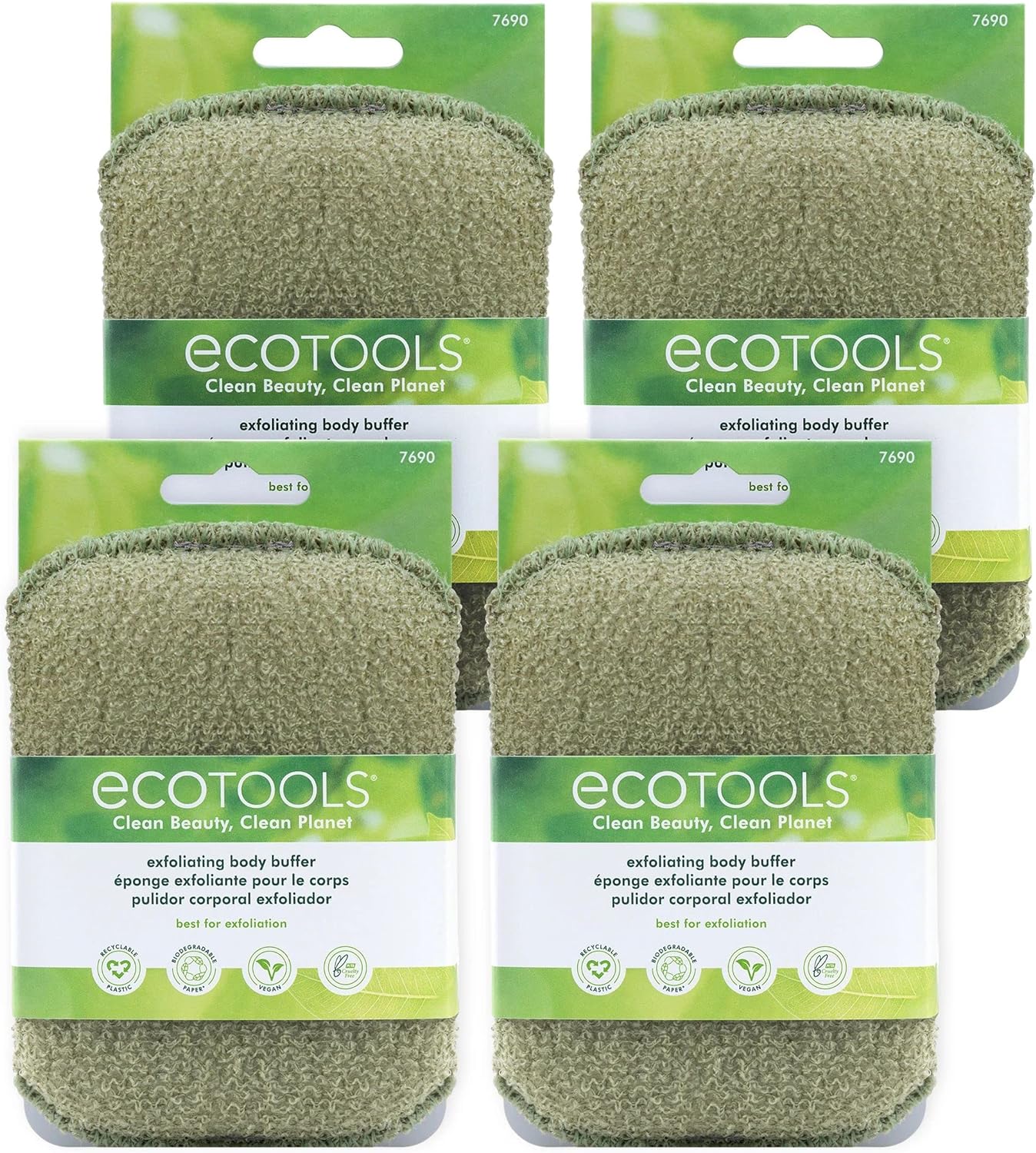 EcoTools Exfoliating Body Buffer, For Body Cleansing, Removes Dead Skin, Moderate Exfoliation, Bath & Shower Accessory, Designed With Strap, Sustainable & Vegan Body Scrubber, 4 Count