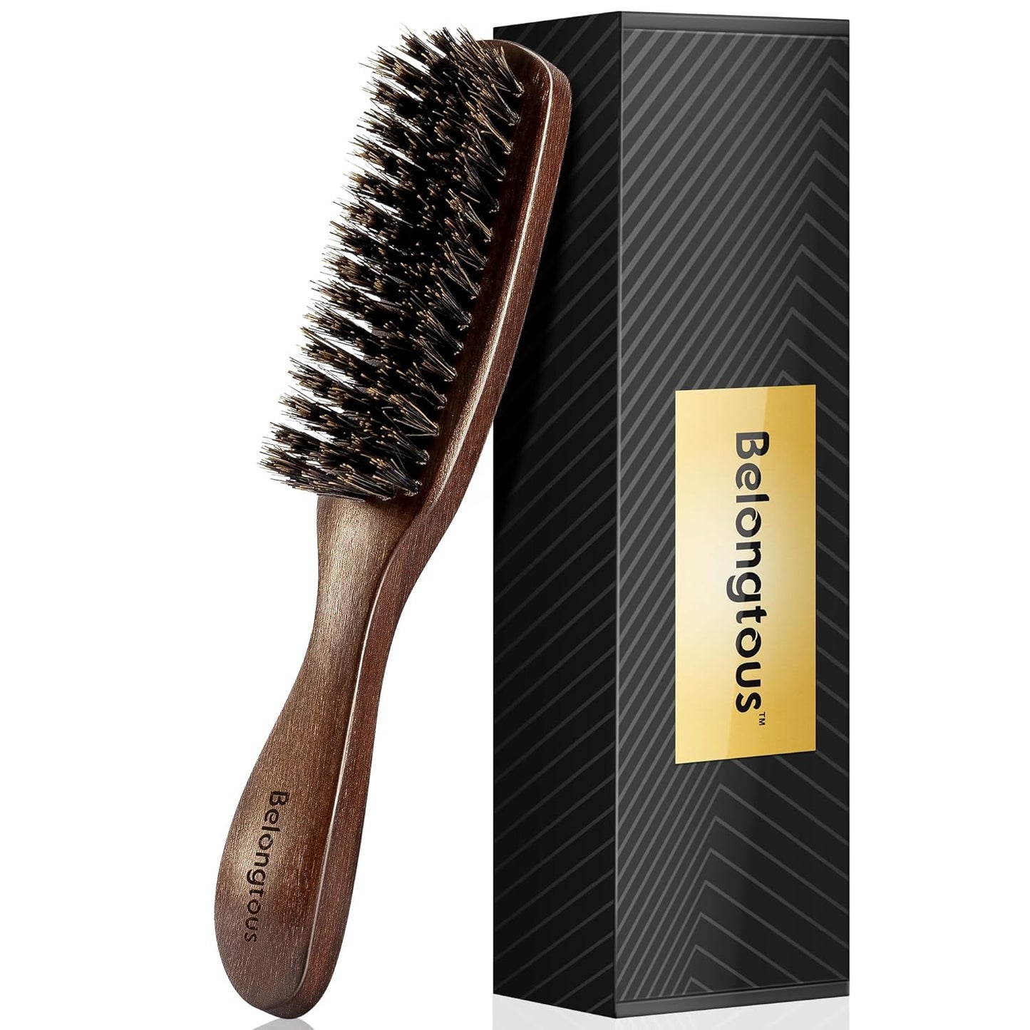 100% Wild Boar Bristle Hair Brush for Men, Stiff Bristles for Thick Hair, Ergonomically Designed Walnut Handle, Ideal for Detangling, Smoothing, Wave Styles - Belongtous
