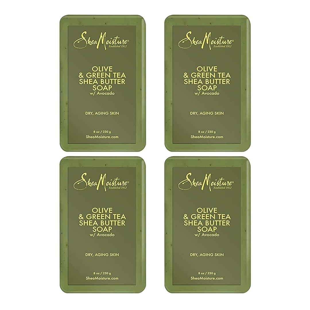 SheaMoisture Shea Butter Bar Soap, Olive & Green Tea, Essential Oils, Skin Care Routine, Olive Oil Soap Bar for Face & Body, Avocado Oil, Rich in Vitamin E, Sensitive Dry Skin (4 Pack - 8 Oz Ea)