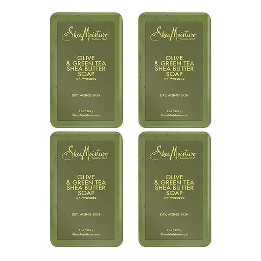 SheaMoisture Shea Butter Bar Soap, Olive & Green Tea, Essential Oils, Skin Care Routine, Olive Oil Soap Bar for Face & Body, Avocado Oil, Rich in Vitamin E, Sensitive Dry Skin (4 Pack - 8 Oz Ea)