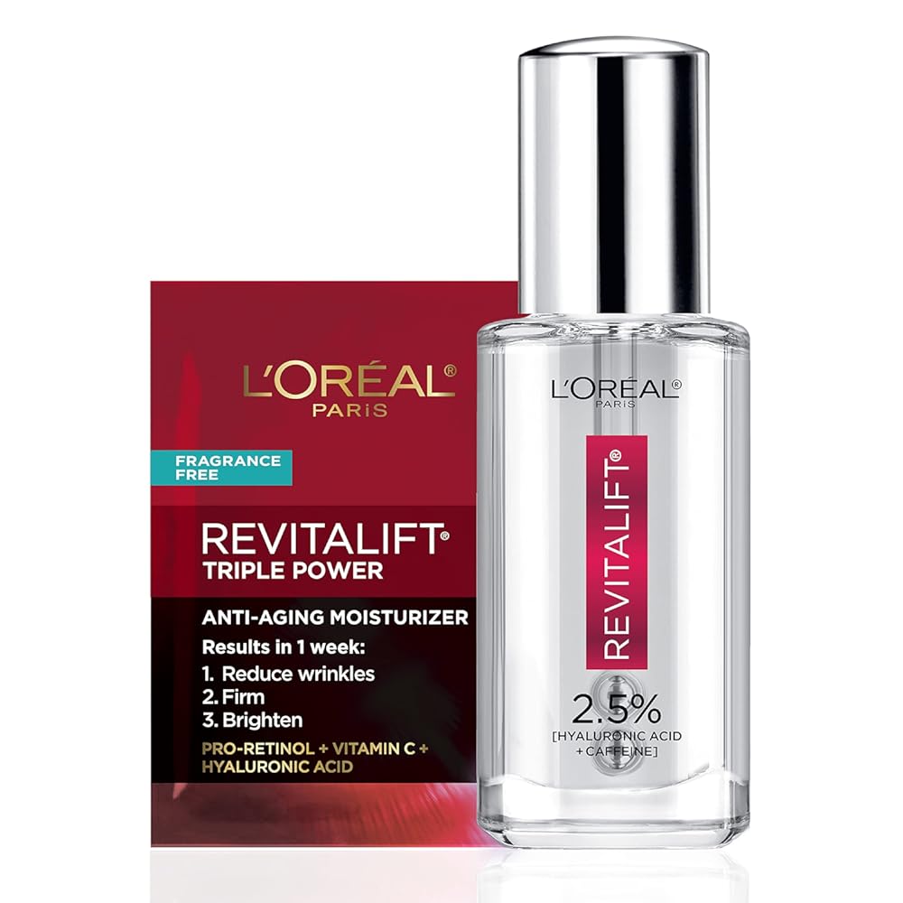 L'Oreal Paris Revitalift Hyaluronic Acid + Caffeine Hydrating Eye Serum for Dark Circles, Fragrance Free .67 fl. oz + Moisturizer Sample