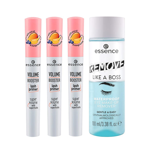essence Volume Booster Lash Primer Mascara 3-Pack & Remove Like a Boss Waterproof Eye Makeup Remover Bundle | Vegan & Cruelty Free