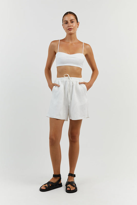 VIENNA WHITE LINEN CURVED CROP TOP Clothing DISSH Boutiques 14 WHITE