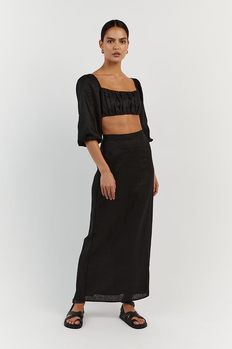LILAH SLEEVED BLACK LINEN CROP TOP Clothing DISSH Boutiques 6 BLACK