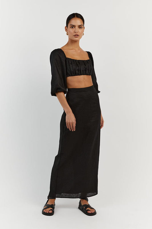 LILAH SLEEVED BLACK LINEN CROP TOP Clothing DISSH Boutiques 6 BLACK