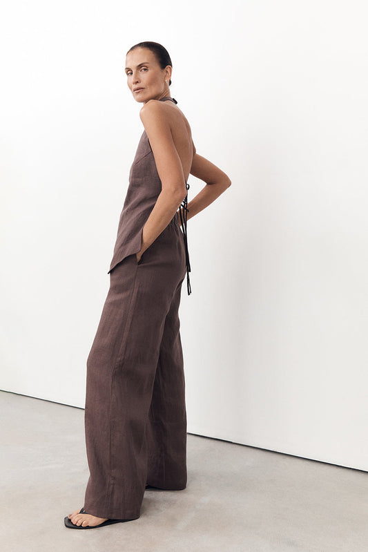 GINA CHOC LINEN ELASTIC WAIST PANT Clothing DISSH Boutiques 6 CHOCOLATE