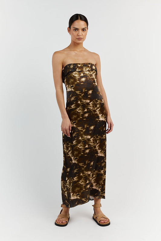 MASON SATIN TIE DYE STRAPLESS DRESS Clothing DISSH Boutiques 8 OLIVE