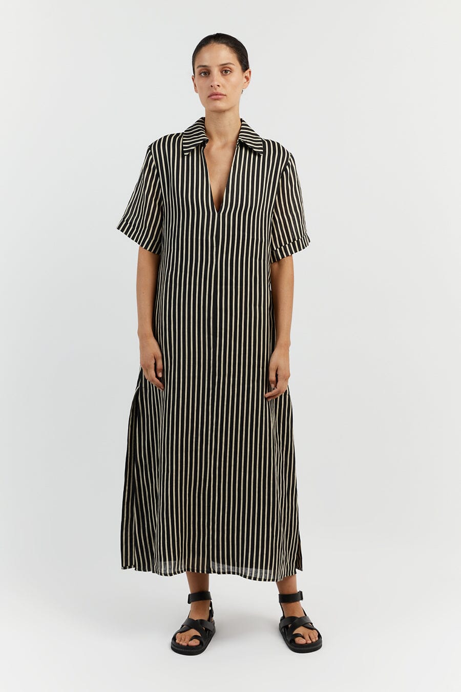 RORY BLACK LINEN SLEEVED MIDI DRESS Clothing DISSH Boutiques 12 BLACK