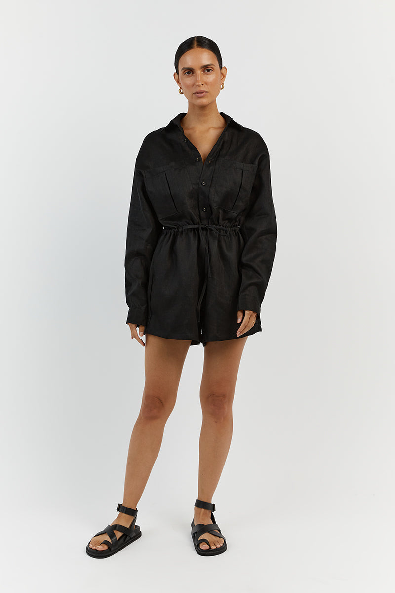 MAXIE BLACK LINEN SHIRT ROMPER Clothing DISSH Boutiques 16 BLACK